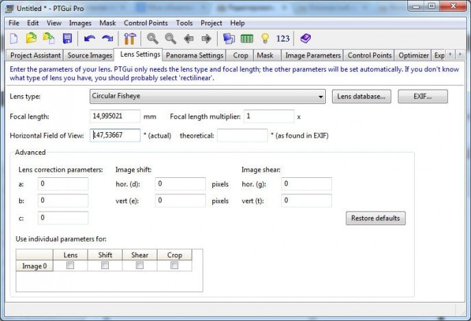 Lens Settings PTGUI Lens Settings PTGUI